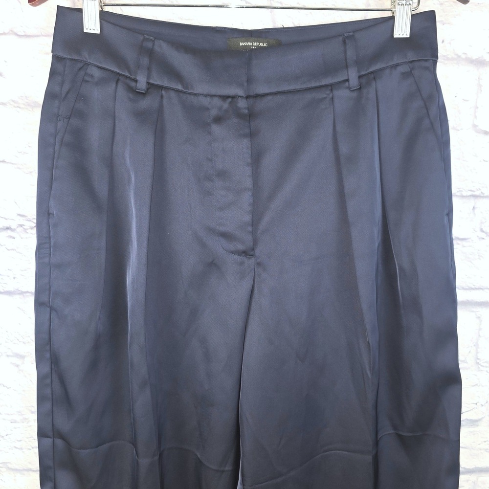 Banana Republic Pleated Wide Leg Satin Trousers Blue‎ Petite High Rise 6 30X28